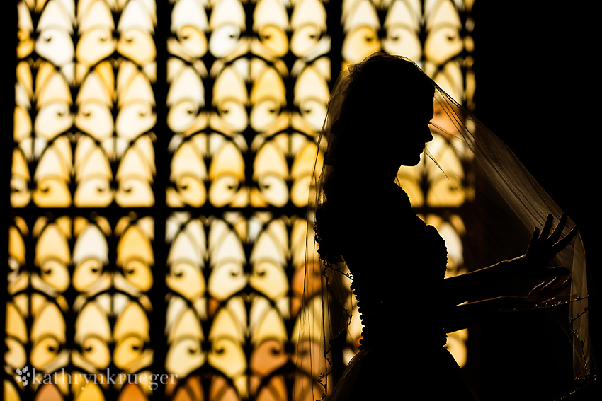 Bridal silhouette in front of intricate window.