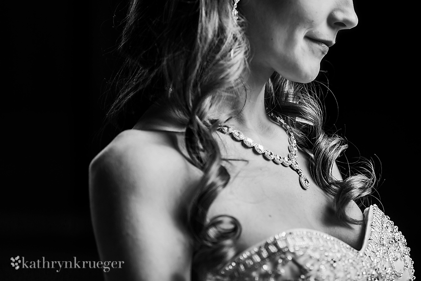 Black and white bridal portrait close up.