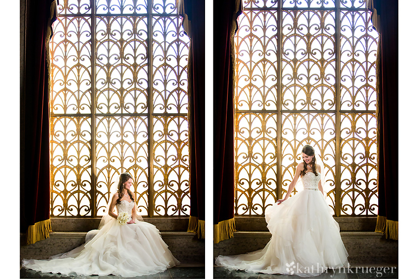 Bridal portrait in front of intricate window.