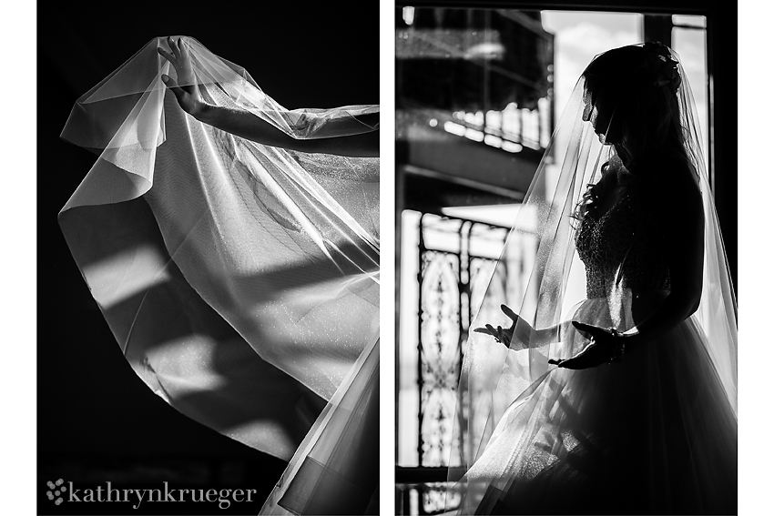 Black and white diptych of bride with veil details.