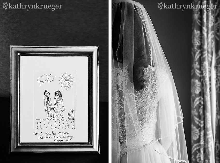 Black and white paired image. Bride's thank you mother-of-bride on left, bride from behind on right.