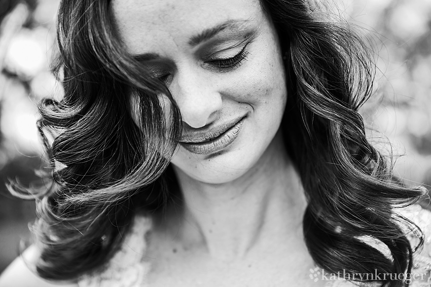 Black and white close up portrait of bride.