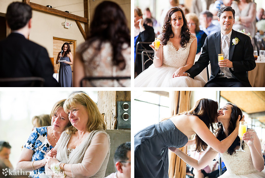 Four images of emotional guests and bride during toasts.