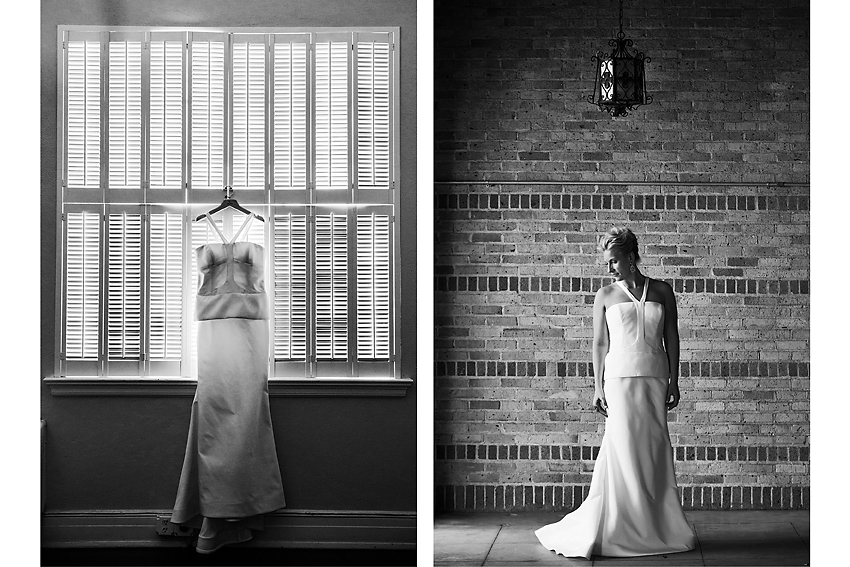 Black and white bridal portrait and image of brides dress.