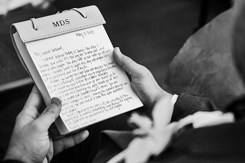 Black and white close up of brides pre-wedding letter to groom.