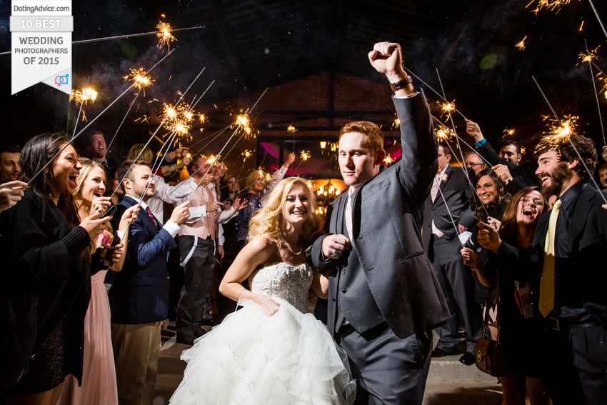 Bride and groom exit with sparklers. 