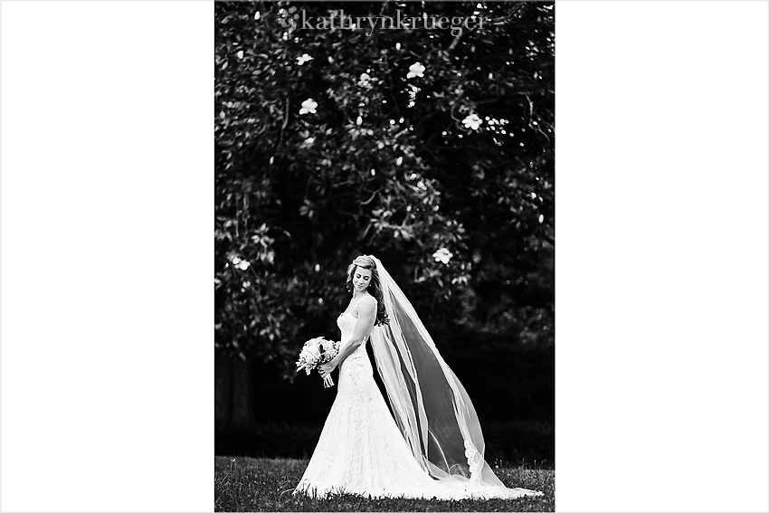 Black and white bridal portrait with veil flowing.