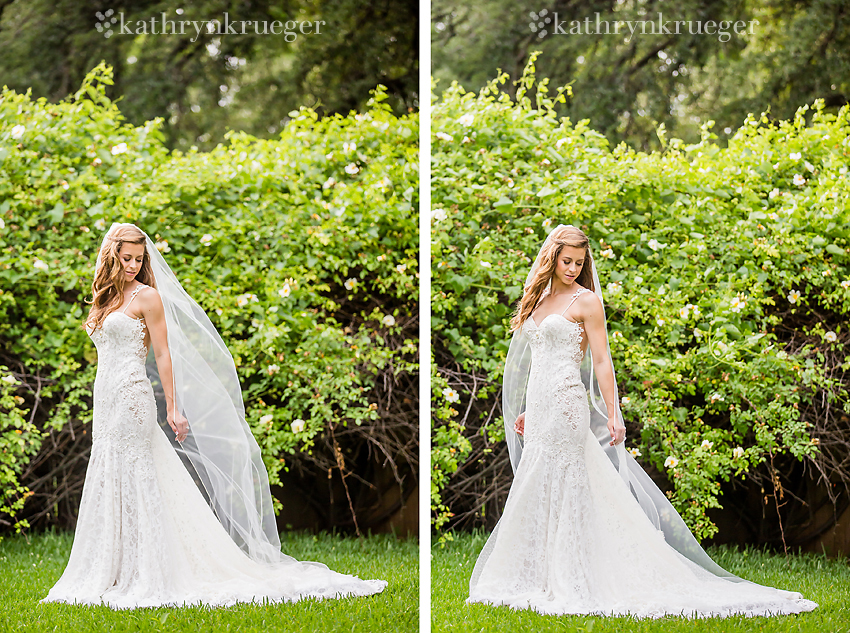 Bridal portrait in front of spring foliage.