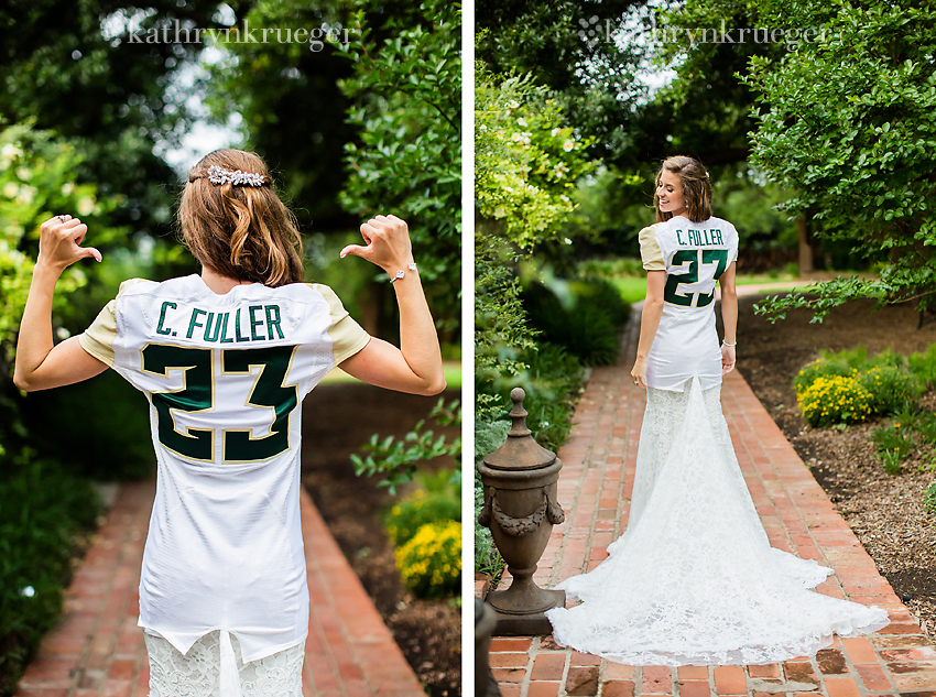 Bridal portrait with her grooms football jersey.