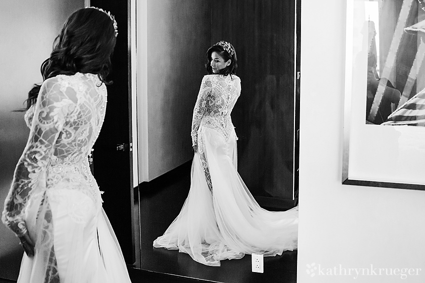 Bride looking in a mirror