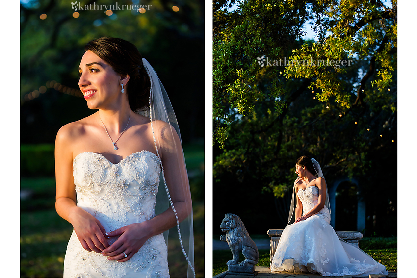 Bridal diptych: left bride looks into distance, right bride sits on stone bench.