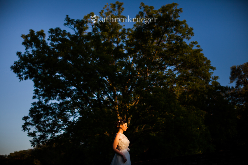 Bridal portrait with sunset rays lighting the bride.