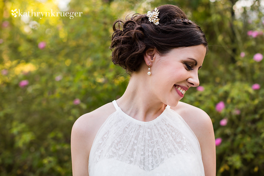 Bridal portrait close up of her smiling. 