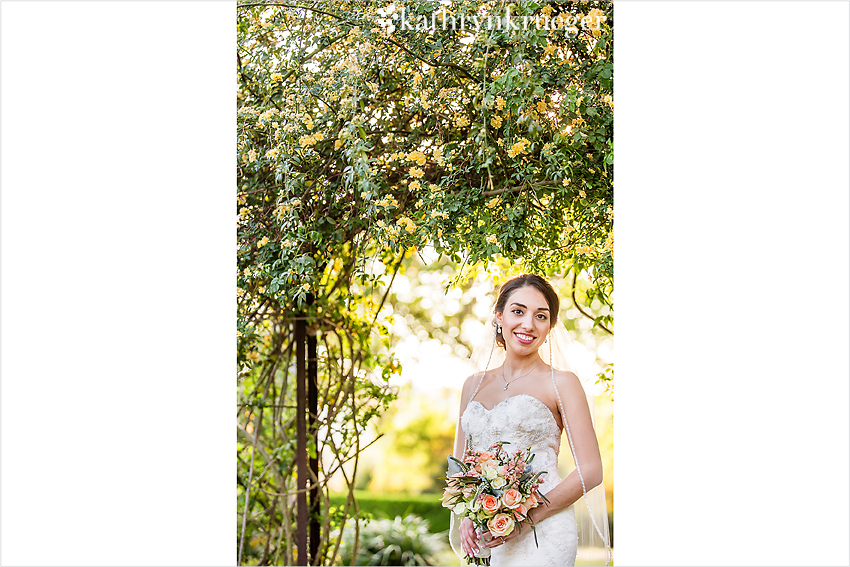 Bridal portrait standing under rose archway with bouquet.